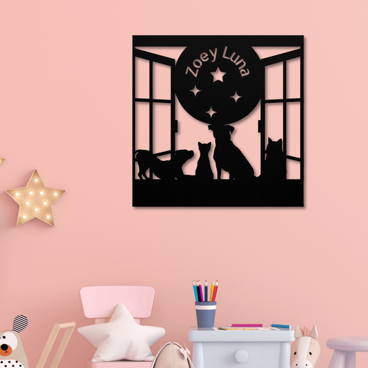 Pets Watching the Moon Personalized, Child's Room Decor - Kith and Kin Forever